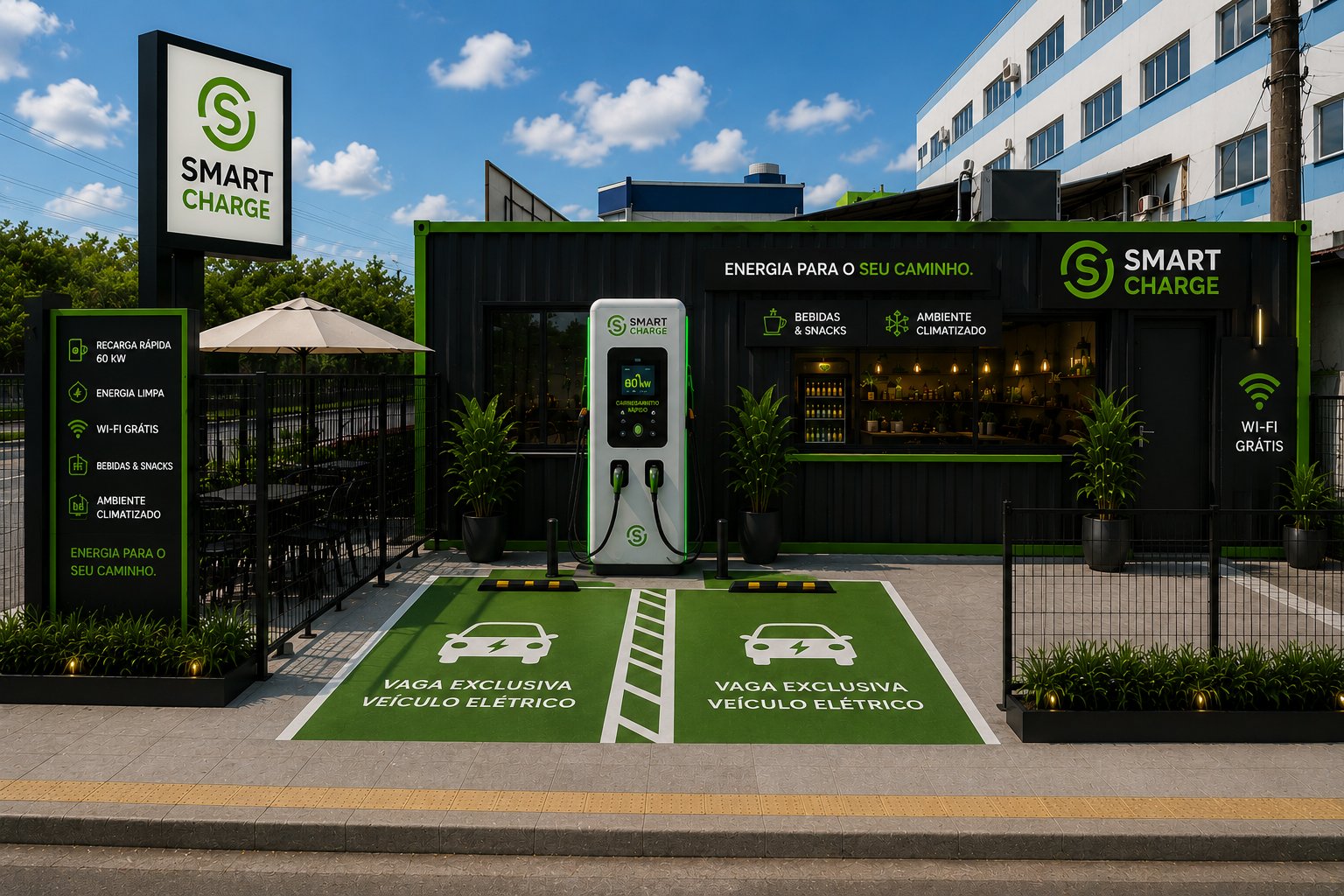 Eletroposto SMART Charge com vagas exclusivas para veículo elétrico, carregadores rápidos e área de convivência